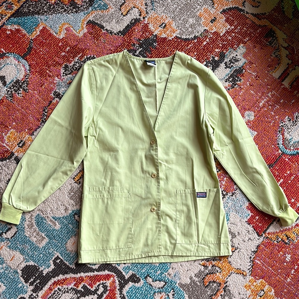 Cherokee Light Bright Green Button-Up Scrub Jacket, Small